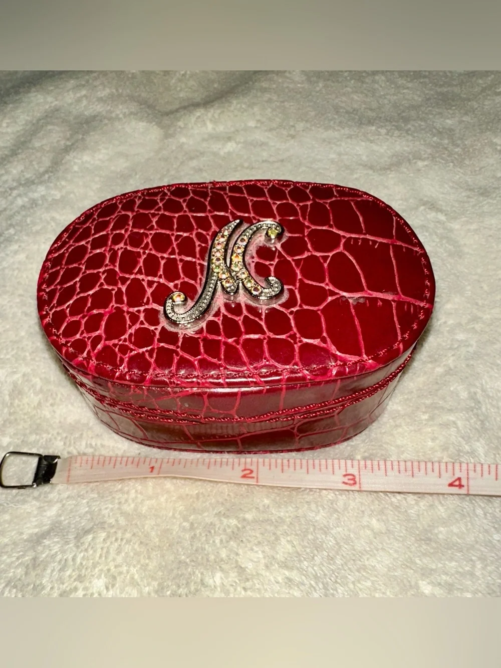 Vintage Y2K Red Croc Travel Jewelry Box Rhinestone Initial K Oval Mini Case